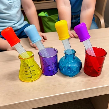 Pädagogische Mini-Messbecher - 4 farbige Plastikbecher, wissenschaftliches Experiment und sensorische