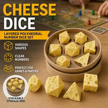 3D-Gedrucktes Käse-Polyeder-Würfelset mit Aufbewahrungsbox Neuartiges DND RPG Brettspiel D20 D12 D10 D8 D6 D4