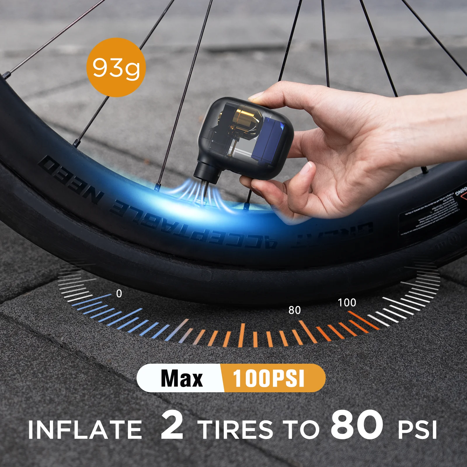 Mini-Akku-Fahrradpumpe 100 PSI, USB-C, Presta und Schrader – Bild 2
