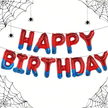 Spinnen-Thema, alles Gute zum Geburtstag, Banner, Luftballons, rote und blaue Buchstaben, Schilder