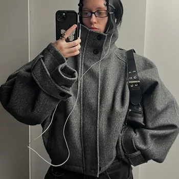 Mode Kurze Woll Mantel Für Frauen Stehen Kragen Volle Hülse Lose Zipper Jacke Weibliche 2025, Herbst Winter