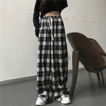Oversize Frauen Jogginghose Mode Schwarz Plaid Casual Hosen Baggy Elastische Taille Taschen Student Unisex Hip