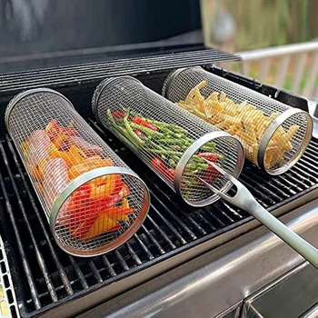BBQ Korb Edelstahl Roll Grillen Korb Draht Mesh Zylinder Grill Korb Tragbare Runde Outdoor Camping Grill Rack
