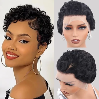 Lockige 13x4 HD Lace Front Echthaarperücke, Pixie Cut Perücken für Damen, 100% Echthaarperücken, vorgezupft