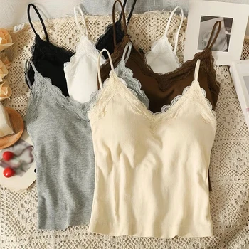 Frauen Ärmellose Tank Tops Einfarbig Koreanische Version V-ausschnitt Schlank Mode Spitze Nähte Mit Brust Pad