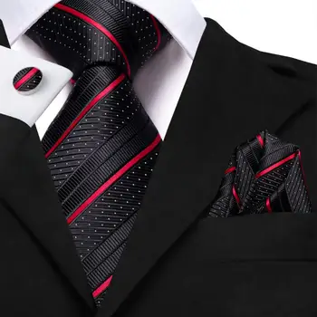 Schwarz-Rot Gestreifte Hochzeitskrawatte für Herren mit Einstecktuch und Manschettenknöpfen - Geschenk