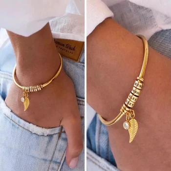 Personalisierte Namen Perlen Armband Benutzerdefinierte Familiennamen Armband mit Blatt Geburtsstein Charm