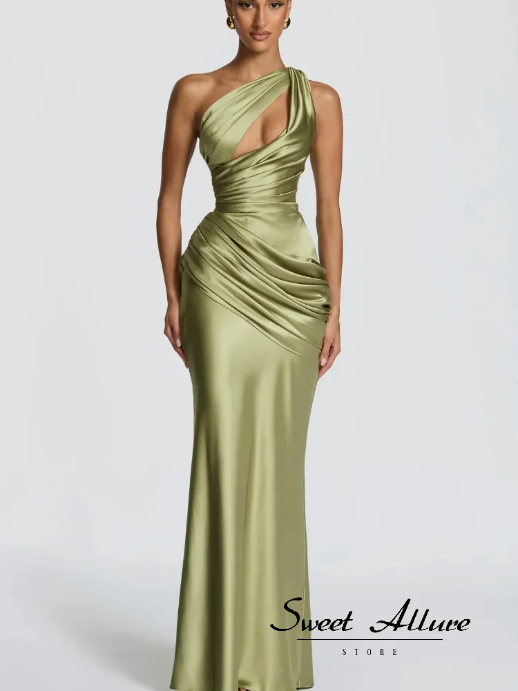 Damen Grünes Gerafftes Elegantes Satin-Maxikleid Meerjungfrau