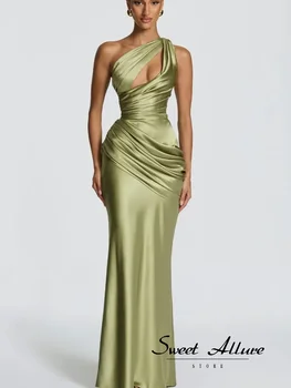 Damen Grünes Gerafftes Elegantes Satin-Maxikleid Meerjungfrau Einschultriges Cut-Out Slim Fit Fließendes Kleid