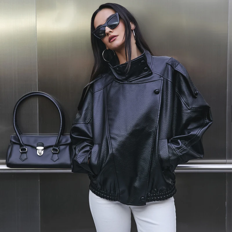MUJER Kunstleder Damenjacke Schwarz Oversize Bomberjacken für – Bild 6