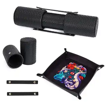 Cusdie 2-in-1 Würfeltablett und Becher, faltbarer Würfelhalter aus Leder, D&D-Spielwürfel, Shake-Container