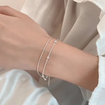 Glücksarmbänder aus 925er-Sterlingsilber mit runder Kugel für Damen, doppellagige Schlangenkette, heißer