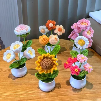 DIY Handgewebte Mini Topfblume Rose Büro Desktop Zier Topfpflanzen Wollfaden Fertigprodukt Wohnkultur