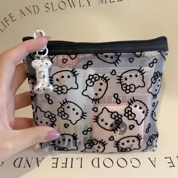 Kawaii Spitzen-Hello-Kitty-Kosmetiktasche, niedliche Vintage-Geldbörse, schwarze Netz-Aufbewahrungstasche