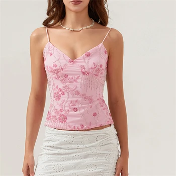 Sommer Frauen Y2k Pailletten Halter Crop Tops Perle Verziert Cami Tops Sommer Glitter V-ausschnitt Strass