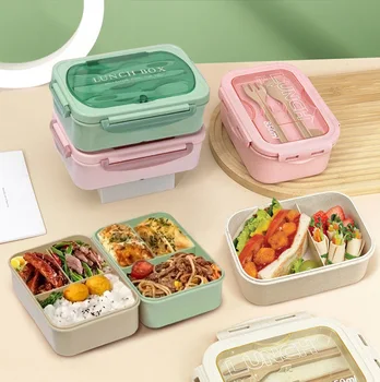 Lunchbox mit zwei Fächern, integriertem Besteckset, wiederverwendbar und mikrowellengeeignet