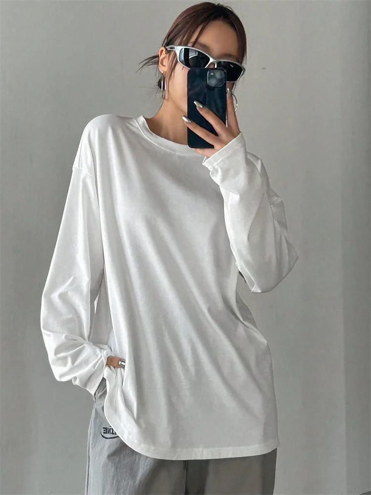 Frauen Grundlegende Lange Hülse Lose Oansatz T-shirt Herbst – Bild 2