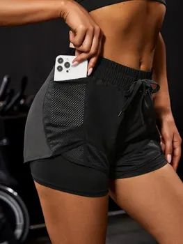 Elastische Sportshorts für Damen, Shorts mit Taschen, gefälschte zweiteilige Yoga-Leggings zum Laufen