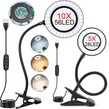 5/10-fache Vergrößerungslupe mit Licht, 3 Farben, 10 Helligkeitsstufen, 28/56 LED-Lupenlampe zum Lesen