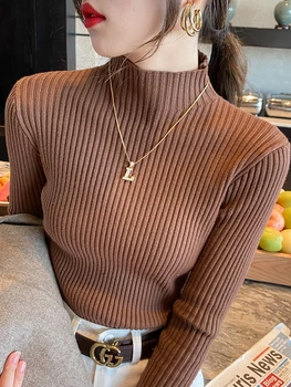 Elegante Solide Grund Gestrickte Tops Frauen Rollkragen Pullover Langarm Beiläufige Dünne Pullover Koreanische