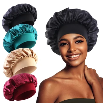Satin Breite Krempe Schlummertrunk Seidige Motorhaube Haar Wrap für Schlafen Schlaf Kappe Mit Elastische