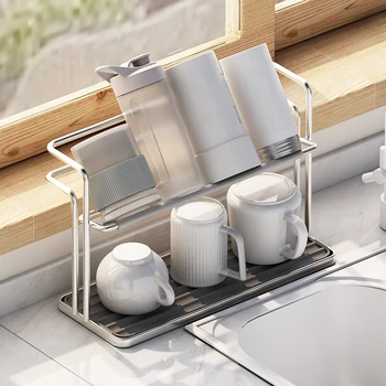 Küche Edelstahl Doppel-schicht Wasser Tasse Rack Hängen Auf Den Kopf Teetasse Lagerung Rack Haushalt Tablett