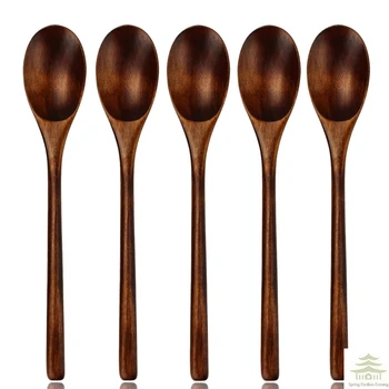 Set Holzlöffel Suppenlöffel und Gabel Besteck Natürlicher Ellipsenförmiger Schöpflöffel (5 Stück)