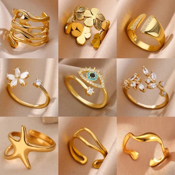 Edelstahl Zirkon Geometrische Ringe Für Frauen Luxus Bösen blick Gold Farbe Einstellbar Trendy Hochzeit