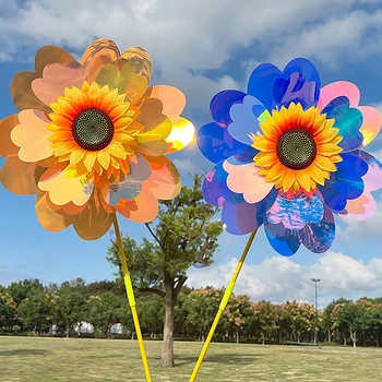 Outdoor-Gartendekoration, doppellagige Sonnenblumen-Windmühle, rotierende Sonnenblume, Windspiel, Pfahl