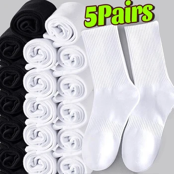 Baumwoll-Sportsocken, Unisex, weich, bequem, atmungsaktiv, Freizeitsocken, Schwarz, Weiß, mittlere Röhre