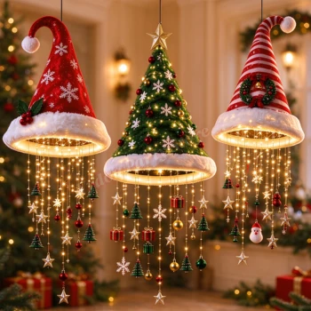 Beleuchtete Weihnachtsmütze als Hängedekoration, Weihnachtsmann-Mütze als Kronleuchter-Anhänger, warmes