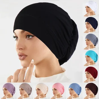 Muslimische Mode Frauen Hijabs Weiche Stretch Einfarbig Turban Hut Krebs Chemo Beanies Caps Headwear Headwrap