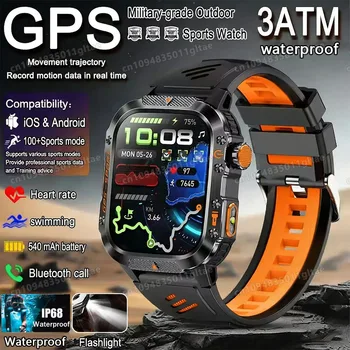 Militärklasse Smartwatch für Herren GPS Taschenlampe 3ATM Wasserdichte Uhr Bluetooth-Anruf 100+ Sportarten