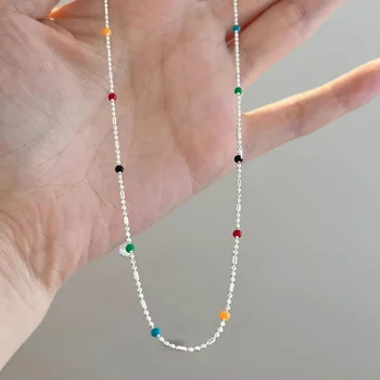 Halskette aus 925er-Silber mit einfachen geometrischen mehrfarbigen Perlen, Halsband, glänzende, zarte