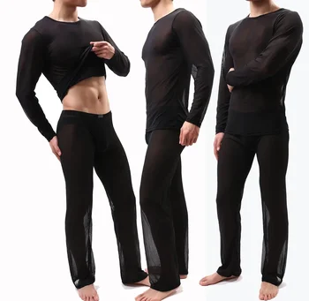 Herren Transparentes Mesh-Loungewear-Set Langarm & Hose 2-Teiliges Outfit Weiche Atmungsaktive
