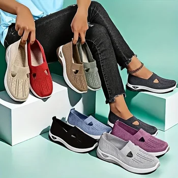 Damen-Sneaker zum Hineinschlüpfen, Frühling und Sommer, gestrickt, atmungsaktives Mesh, Freizeitschuhe