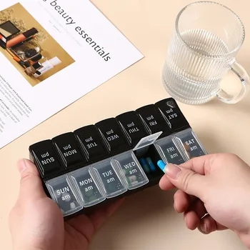 Reise-Pillenetui-Organizer, wöchentlich, tragbar, 14 Gitter, 7 Tage, Medizinbox, Aufbewahrung, Tabletten