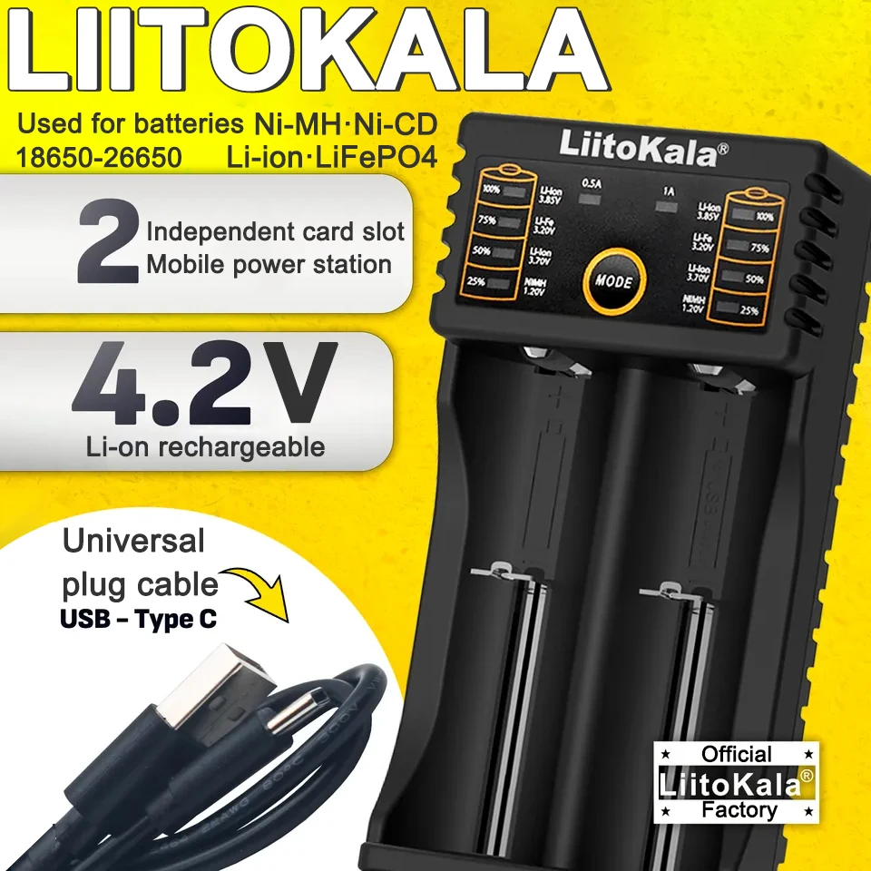 Akku-Ladegerät für 18650, 21700 und NiMH, 2 Schächte