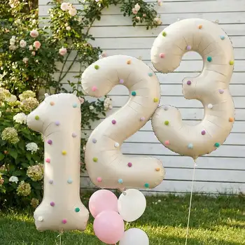 32 Zoll Aluminiumfolienballons, milchig-weiße Zahlen 0-9 für Geburtstagsfeierdekoration, 20 Plüschbälle