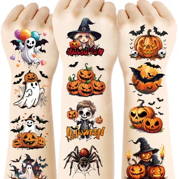 Halloween Temporäre Tattoos - 20 Blätter, Kürbisse Skelette Fledermäuse Geister Zauberer Muster