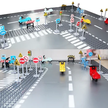 MOC Stadt Ampel Straßenschilder Straßensperre Signal Licht Geschwindigkeitsbegrenzung DIY Baustein Szene Bau