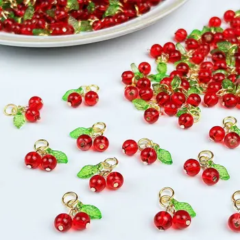 Rote Kirsche Charms süße Glas rote Frucht Anhänger mit Schleife DIY Schmuckherstellung Zubehör (10 Stück)