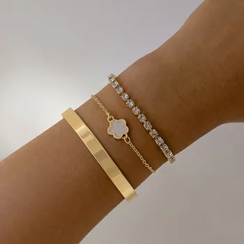 Böhmen Minimalismus Metall Strass Kette Armband Set für Frauen Metall Armreif Gold Farbe Schmuck (3 Stück)