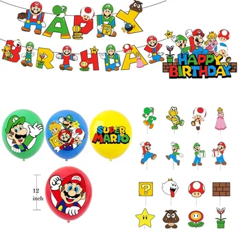 Mario Bros Themen-Geburtstagsparty Foto-Requisiten Cartoon-Dekoration Ballons Flaggen Tortendekoration