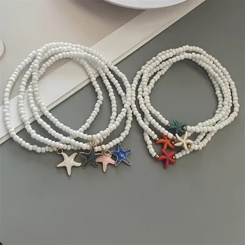 Fußkettchen mit Seestern-Anhänger für Frauen und Mädchen, Sommer, Strand, handgefertigt, weiße Farbe