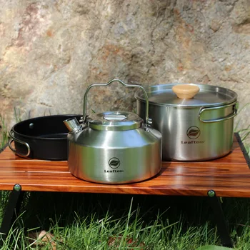 Leaftour Camping-Kochgeschirr-Set aus Edelstahl, Wasserkocher, Topf, Pfanne - Outdoor-Kochutensilien für 2-3