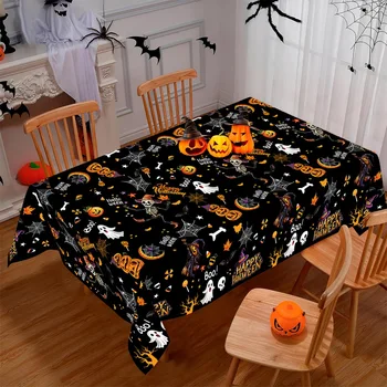 Happy Halloween Tischdecke 130x220cm Einweg-Plastiktischdecke Schwarzes Geister-Skelett-Hexen-Muster