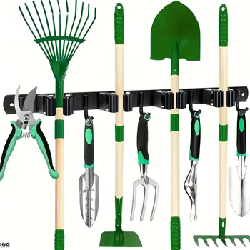 1 Robuster Metall-Werkzeughalter mit 4 Schlitzen und 5 Haken - Wandmontierter Halter für Gartenwerkzeuge