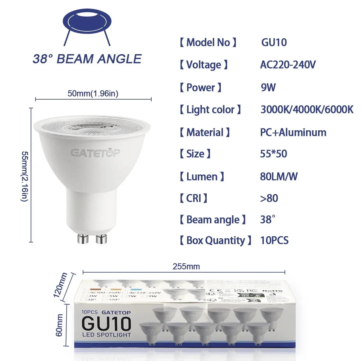 10er-Pack Focos Gu10 SpotlightLampara 220V LED-Glühbirne 9W – Bild 3
