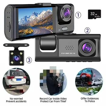 Dashcam mit IR-Nachtsicht-Loop-Aufzeichnung und 2 Zoll IPS-Bildschirm 1080P 3-Kamera, DVR-Recorder